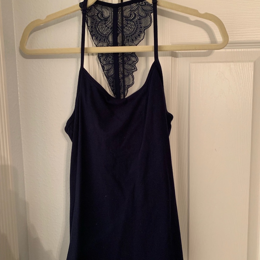 fitted navy tank top with detailed back
